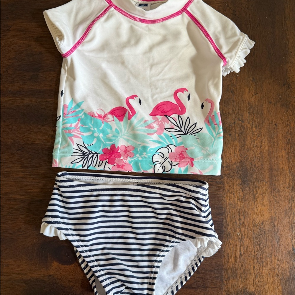 Janie and Jack Flamingo Print Kids Swim Set - White and Pink